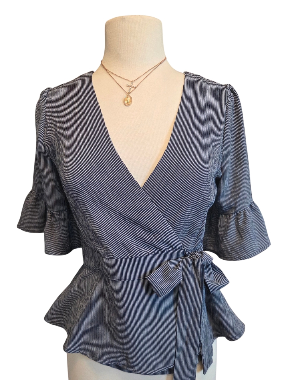 JOA Striped Wrap Peplum Top - blue/white